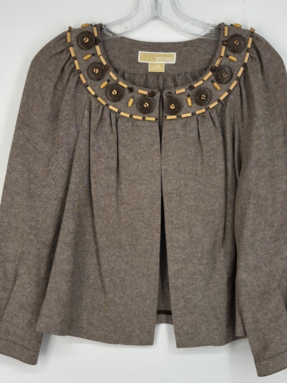 Michael Kors Womens Large Suit Jacket Blazer Brown Beige Wood Coconut Beads